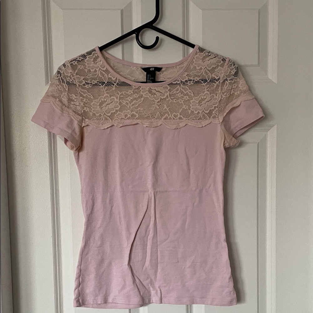 H&M Pink Lace Trim Short Sleeve Top